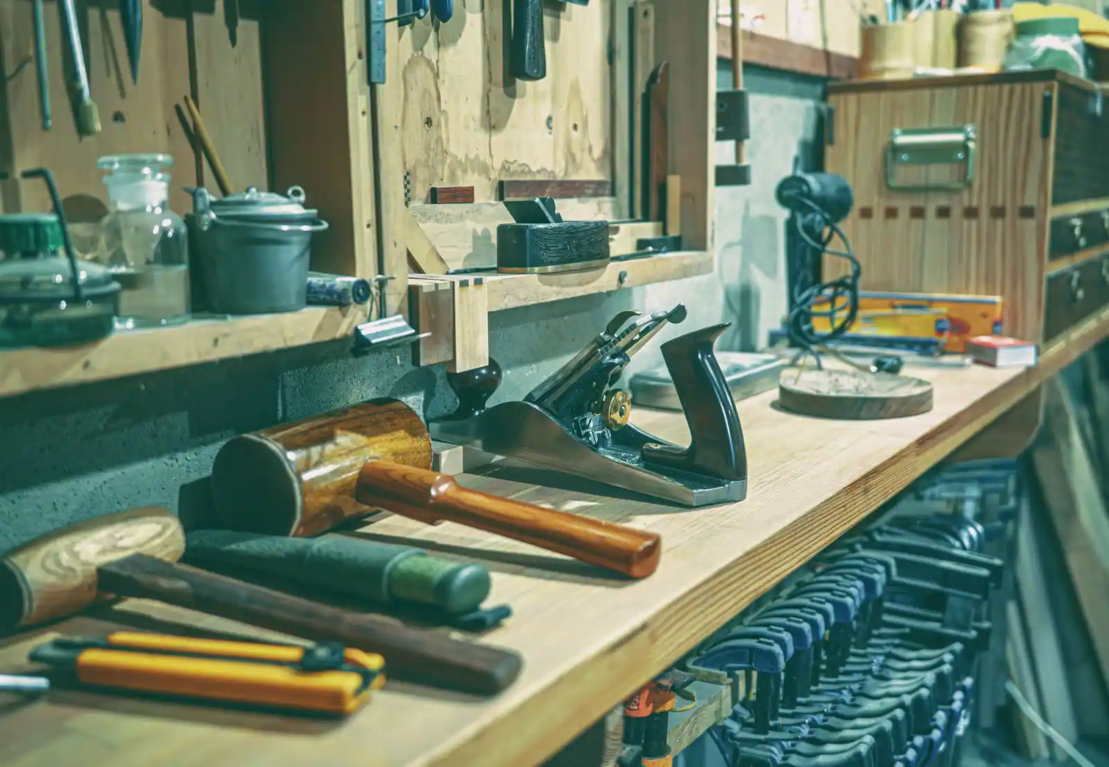 Outils à main soigneusement rangés sur un établi en bois dans un atelier de bricolage