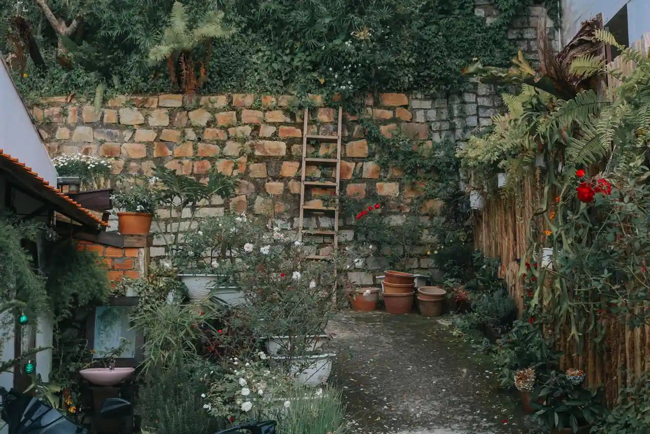 Jardin en pente aménagé en terrasses paysagères avec murets et plantations