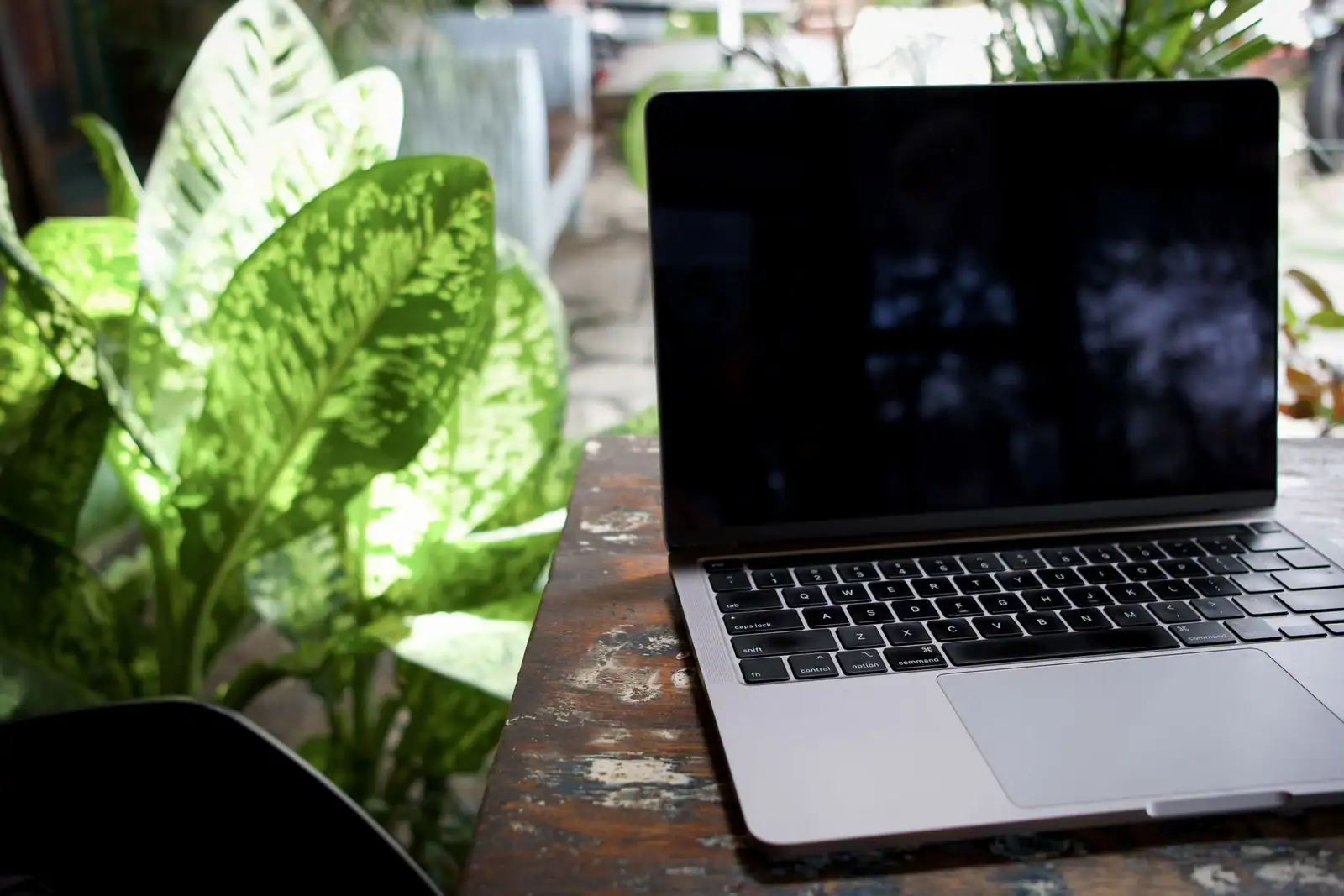 Plan de jardin dessiné sur un ordinateur portable posé sur une table extérieure