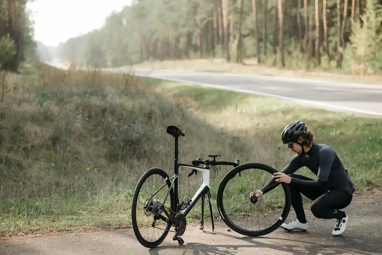 Cycliste réparant la roue de son vélo de route au bord d'une route forestière