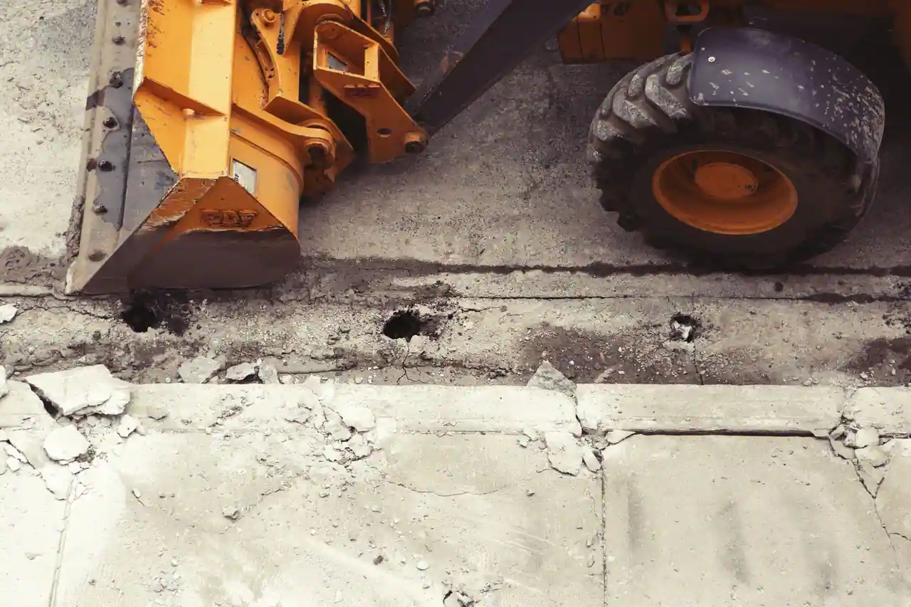 Godet et roue d'un engin de terrassement sur une chaussée béton en cours de démolition, chantier de voirie